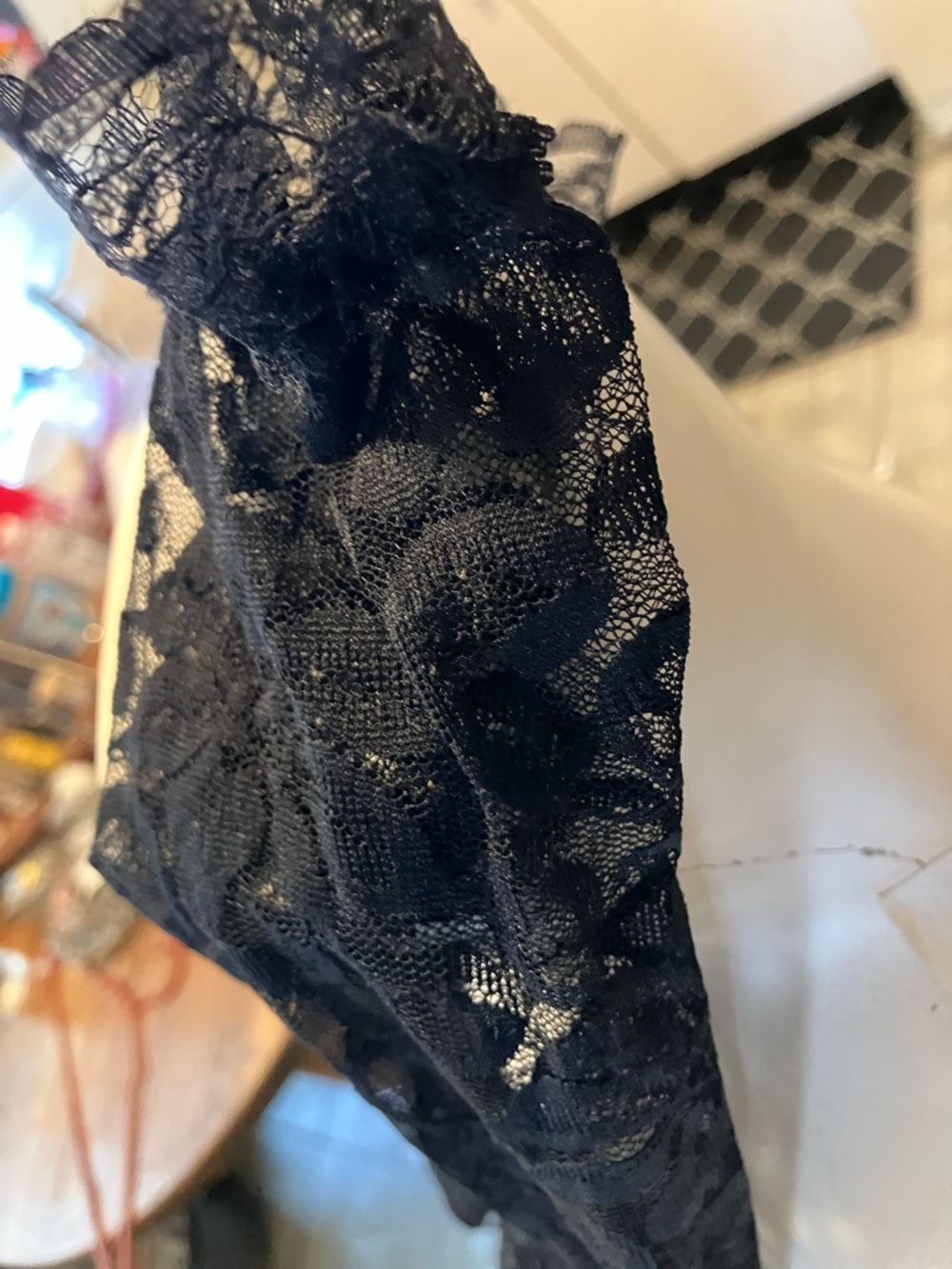 New black stretch lace , fingertip evening glove with ruffles